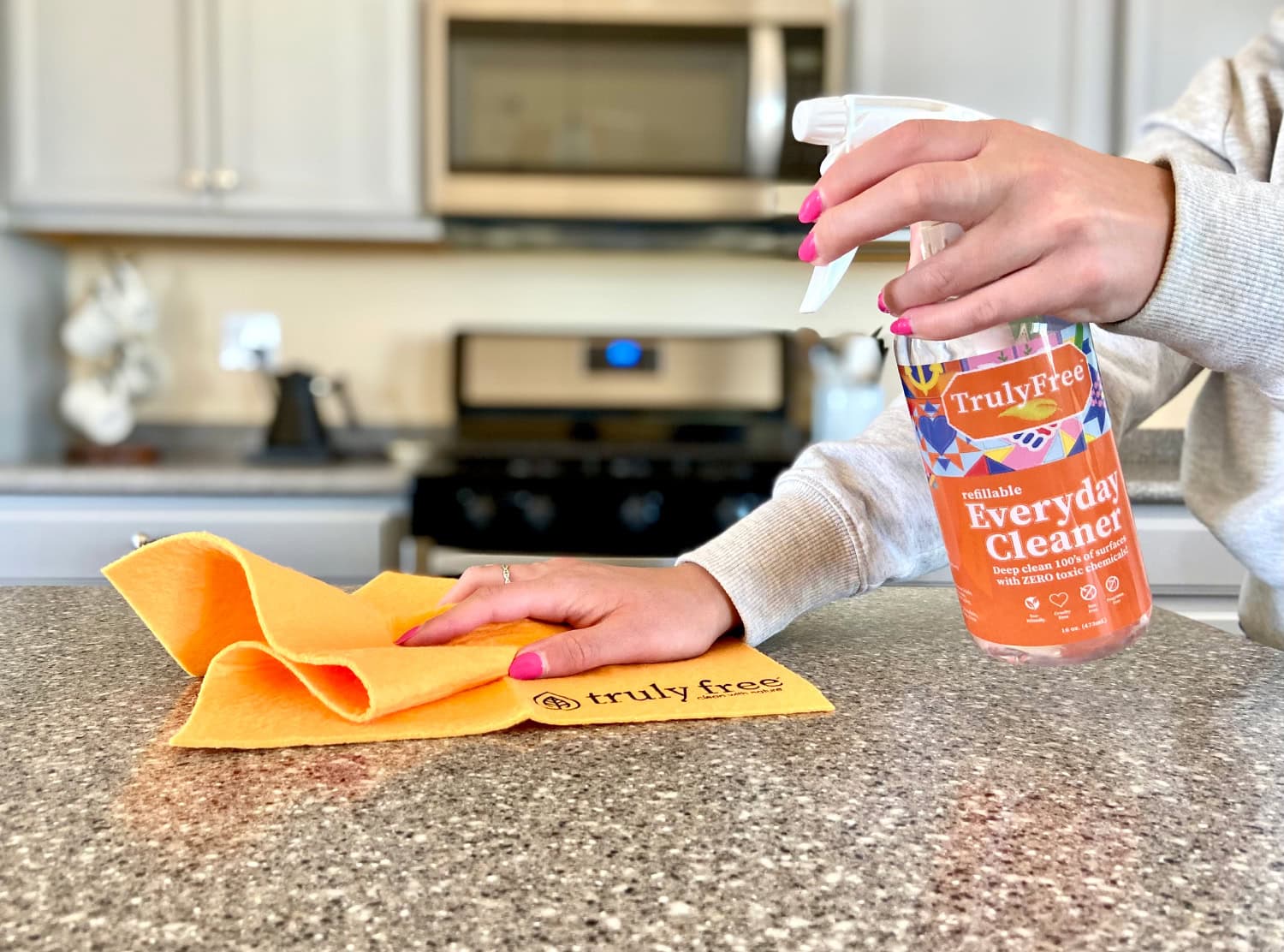 Truly Free Everyday Cleaner sprayed on counter