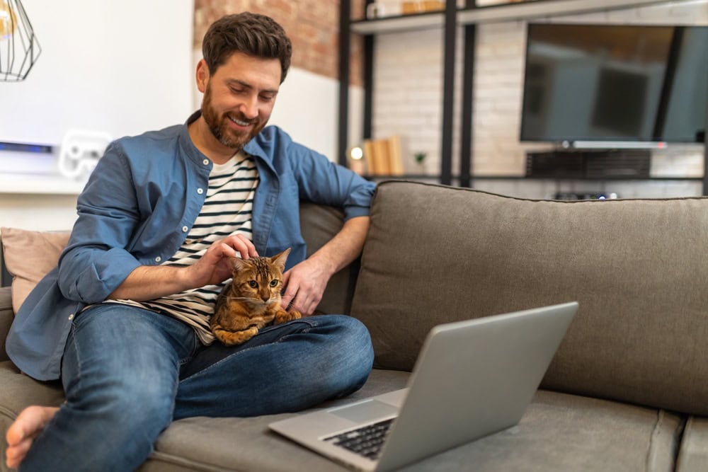 man using a laptop on couch with his cat