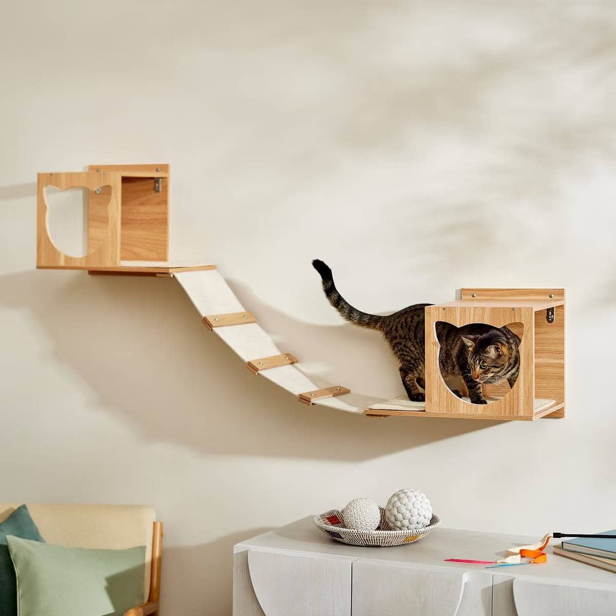 Frisco Hexagon Wall Mounted Wall Shelf + Cat Silhouette with Bridge Wall Mounted Cat Wall Shelves