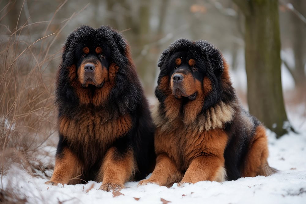 two tibetan mastiff dogs in winter forest