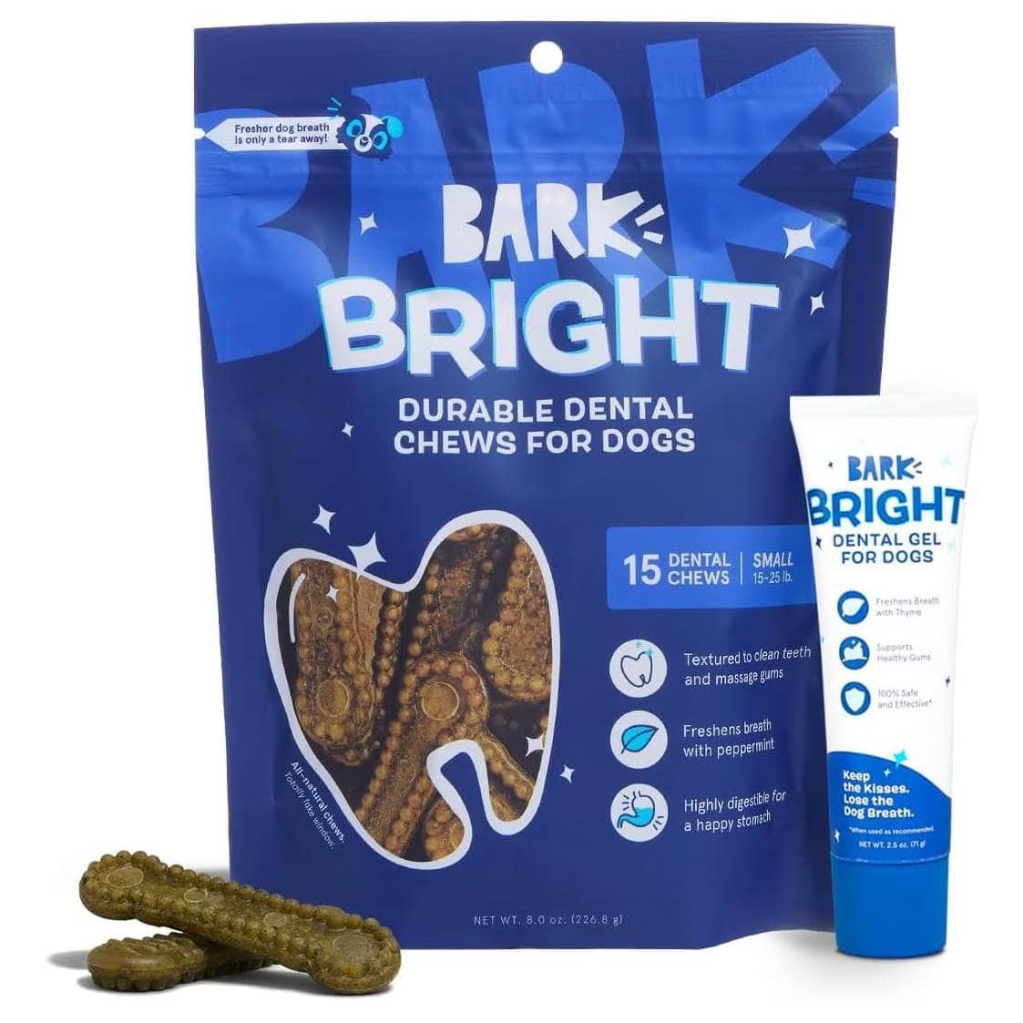 BARK Bright Durable Mint Flavored Dental Dog Treats, 15 count & BARK Bright Chicken & Thyme Flavored Dog Dental Gel, 2.5-oz