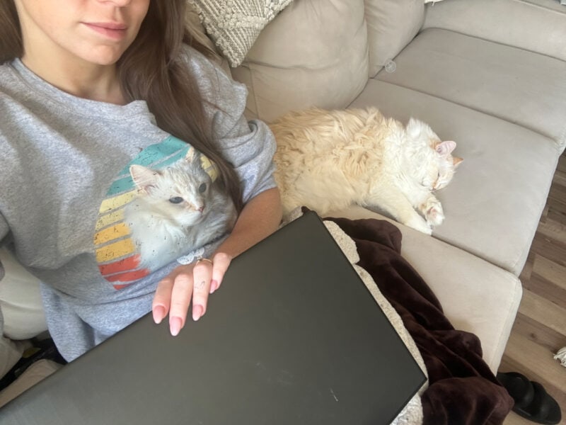 Blue sleeping beside Amanda on the couch