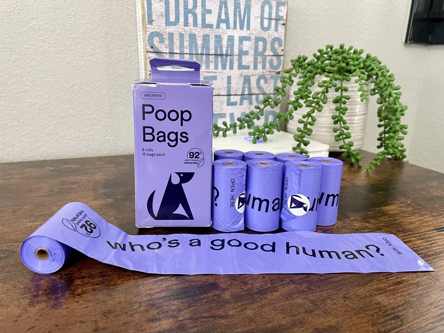 Finn Plant-Based Poop Bags Review - product with packaging on wooden table