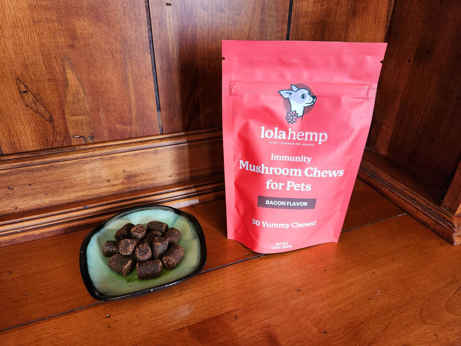 Lolahemp Immunity Mushroom Chews Review - chews on plate with packaging